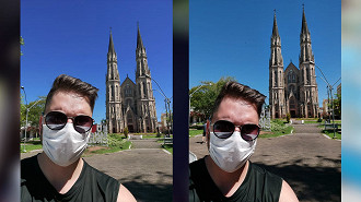 Pessoa de máscara na lateral esquerda e catedral ao fundo