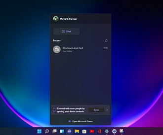 Integração do bate-bapo do Microsoft Teams no Windows 11. Fonte: windowslatest