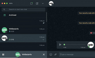 Captura de tela mostrando o novo recurso de reprodução de áudios em segundo plano no WhatsApp Beta para desktop. Fonte: wabetainfo