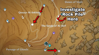 Encontrando a localização das Bestas da Ossada Sagrada - Quatro bestas estão no Túnel do Verme da Areia. Fonte: HoYoverse