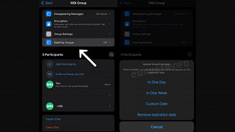 Captura de tela da versão beta do WhatsApp para iOS mostrando o novo recurso de grupos temporários. Fonte: WABetaInfo