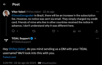 Captura de tela de mensagem enviada no X (antigo Twitter) para Jesse Dorugusker, CEO do Tidal. Fonte: Vitor Valeri
