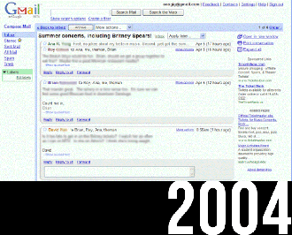 Evolução do Gmail no decorrer dos anos. Imagem: Mashable/Reprodução