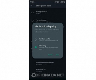 Captura de tela mostra que será possível configurar o envio de mídia em HD por padrão. Imagem: Android Police/Reprodução