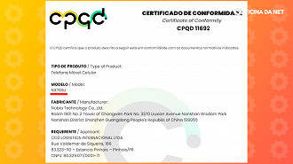 Certificado da Anatel de conformidade do modelo NX769J