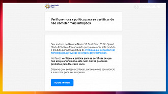 Aviso do ML enviado aos vendedores sobre produtos não homologados.