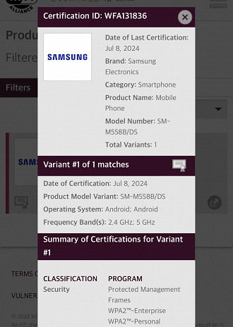 Galaxy M55s no Wi-Fi Alliance