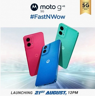 Confirmação do lançamento do Moto G45 na Índia em 21 de agosto. Imagem: Reprodução