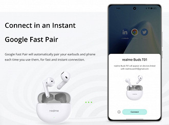 O realme Buds T01 é compatível com o Google Fast Pair. Imagem: realme/Reprodução