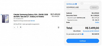 Galaxy S24 Plus por R$ 3.499 no site da Samsung usando o cupom VEMPROCLUBE. Imagem: Captura de tela