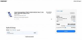 Samsung Galaxy Z Flip6 está por R$ 4.449,00 no site da Samsung.