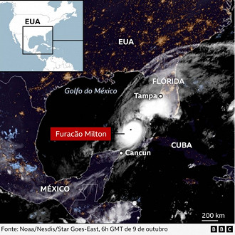 Furacão Milton se aproxima da Flórida, EUA. Imagem: BBC/Reprodução