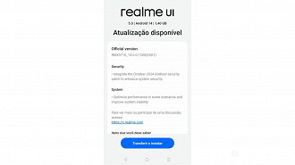 Changelog da atualização do Android 14 para o realme C55. Imagem: Tudo em Tecnologia/Reprodução