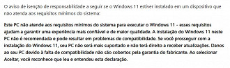 Trecho da página de suporte da Microsoft informa que PCs não suportados podem apresentar problemas. Imagem: Captura de tela