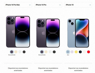 Página da Apple indica que produtos da linha iPhone 14 está disponível apenas nos revendedores autorizados. Imagem: Captura de tela