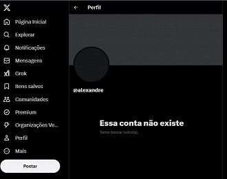 Página do X informa que a conta que pertencia a Alexandre de Moraes não existe. Imagem: Reprodução