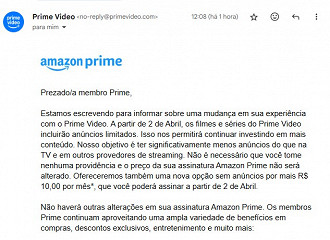 Email recebido alertando sobre os anúncios no Prime Video