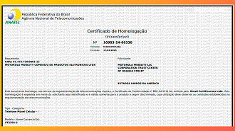 Certificado de homologação da Anatel para o Edge 60